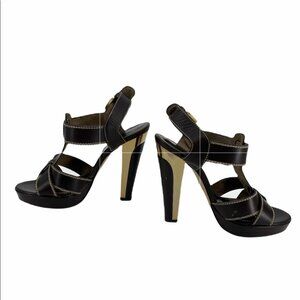 Barbara Bui brown  gold strappy buckle high heel sandals